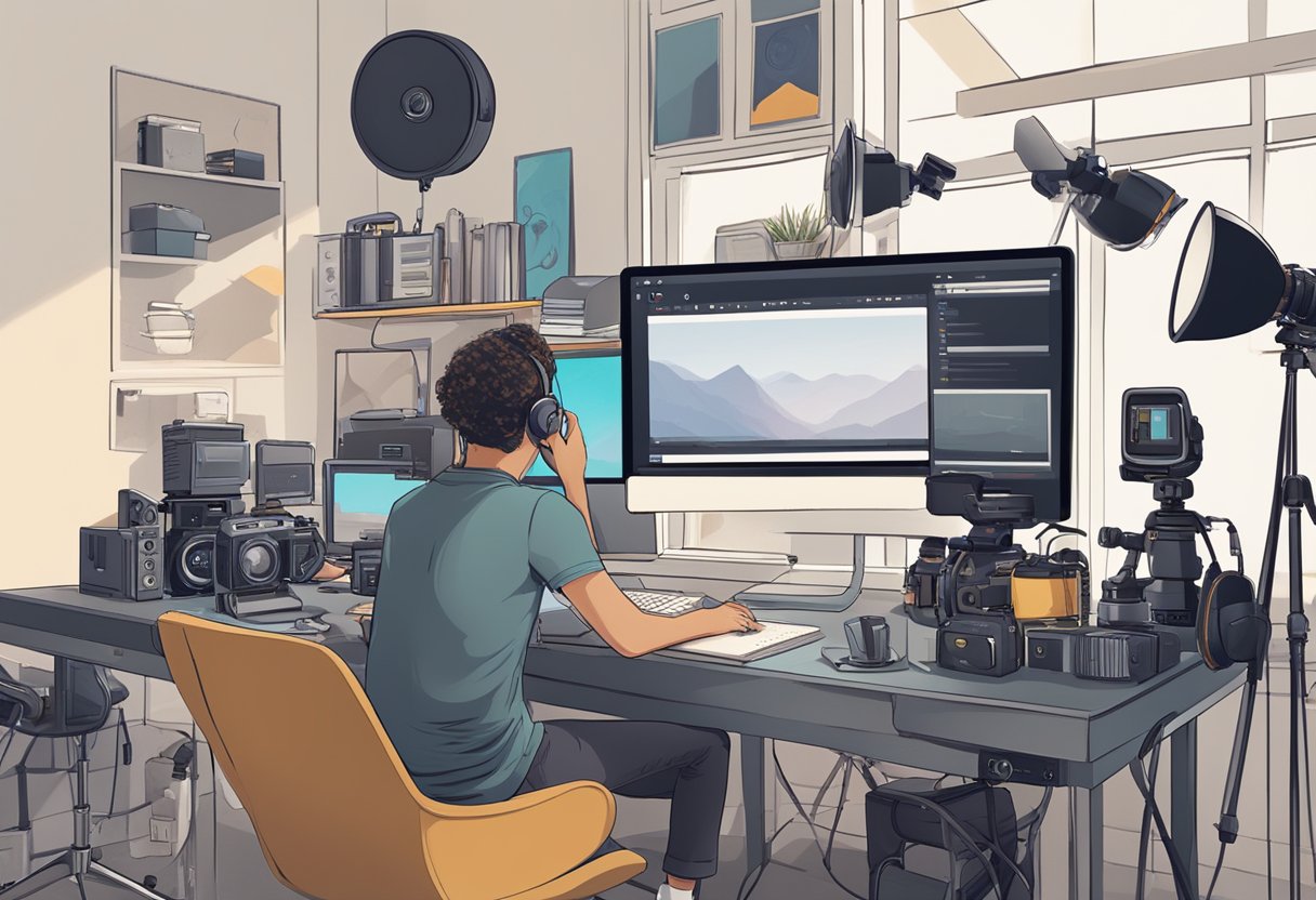 Blogger and YouTube: Exploring Their Natural Synergy for Content Creators 7 A blogger sits at a desk surrounded by camera equipment and computer gear, with a YouTube logo displayed on the screen