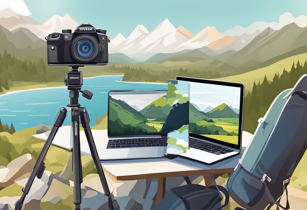 A camera on a tripod facing a scenic landscape with a laptop open to a blogging platform, surrounded by travel gear and a map