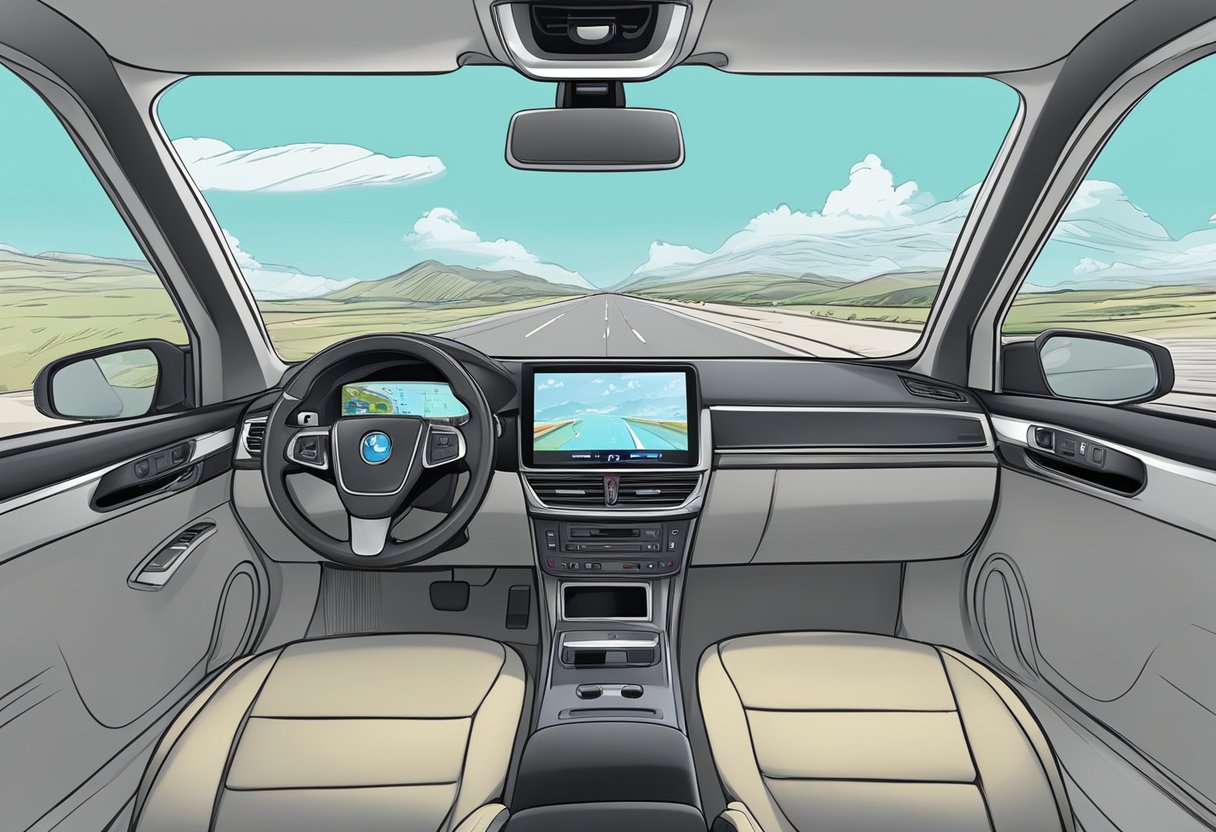 A car dashboard with a mounted LDAS ELECTRONICS dash cam recording the road ahead. Features include wide-angle lens and loop recording