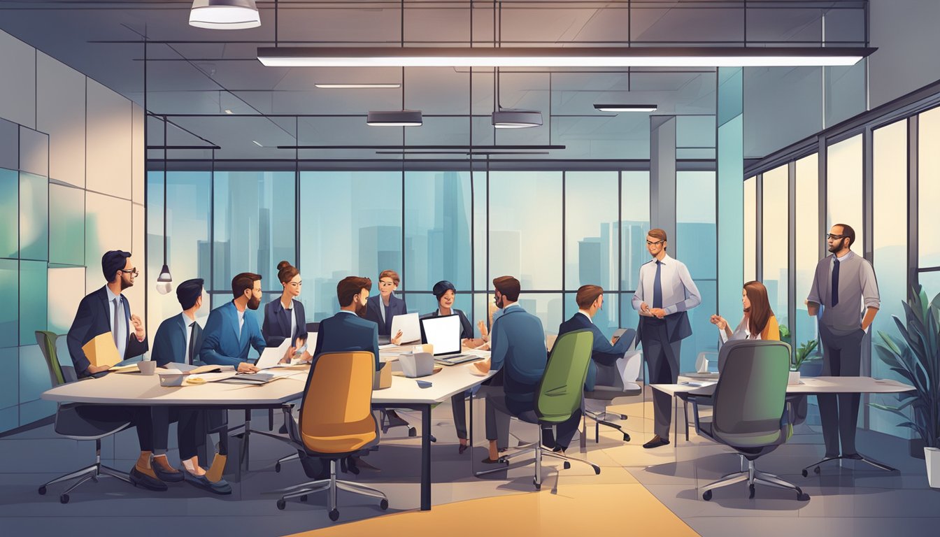 En gruppe forretningsfolk som brainstormer og strategiserer i et moderne kontormiljø