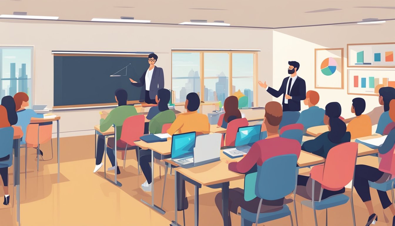 Et klasserom med studenter og en foreleser som diskuterer markedsføring og salgsledelse