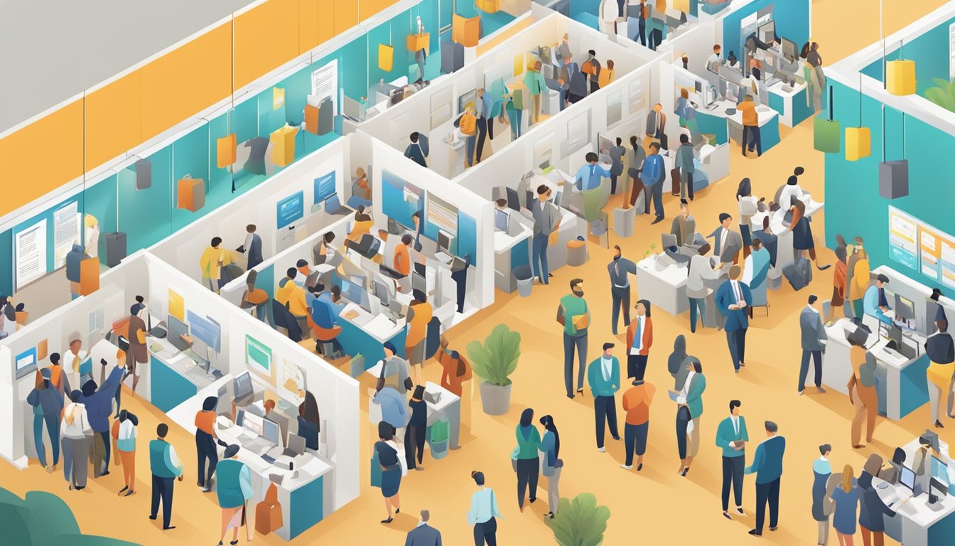 En travel jobbmesse med forskjellige selskapers boder og ivrige jobbsøkere
