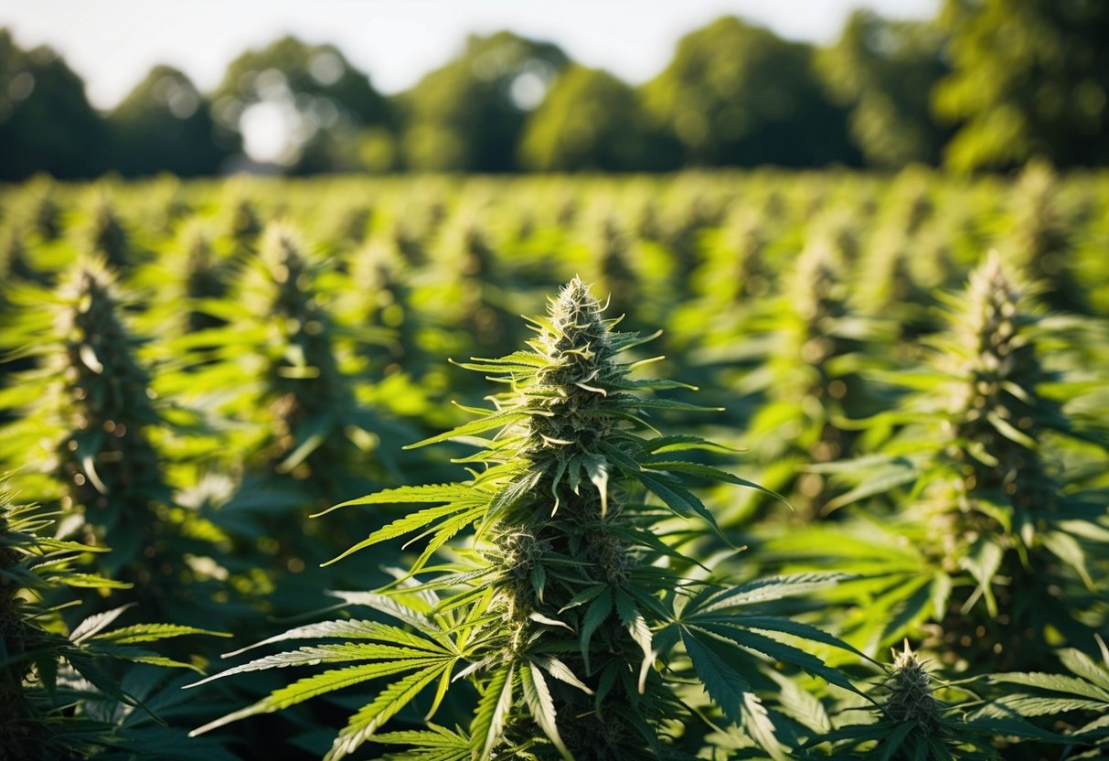 A lush field of cannabis plants stretching as far as the eye can see, bathed in warm sunlight with a gentle breeze rustling the leaves