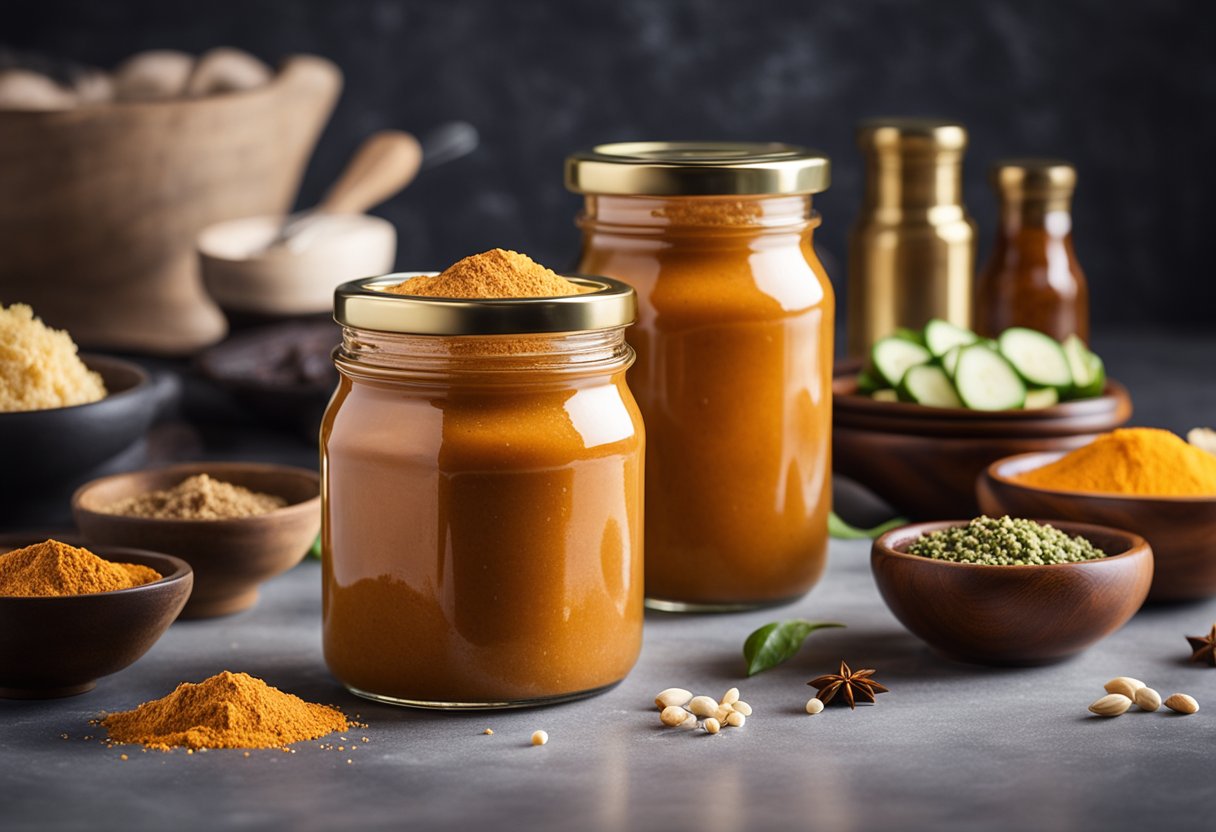 A jar of Ashoka Butter Chicken Paste sits on a kitchen countertop, surrounded by various spices and ingredients ready to be used in a delicious Indian meal