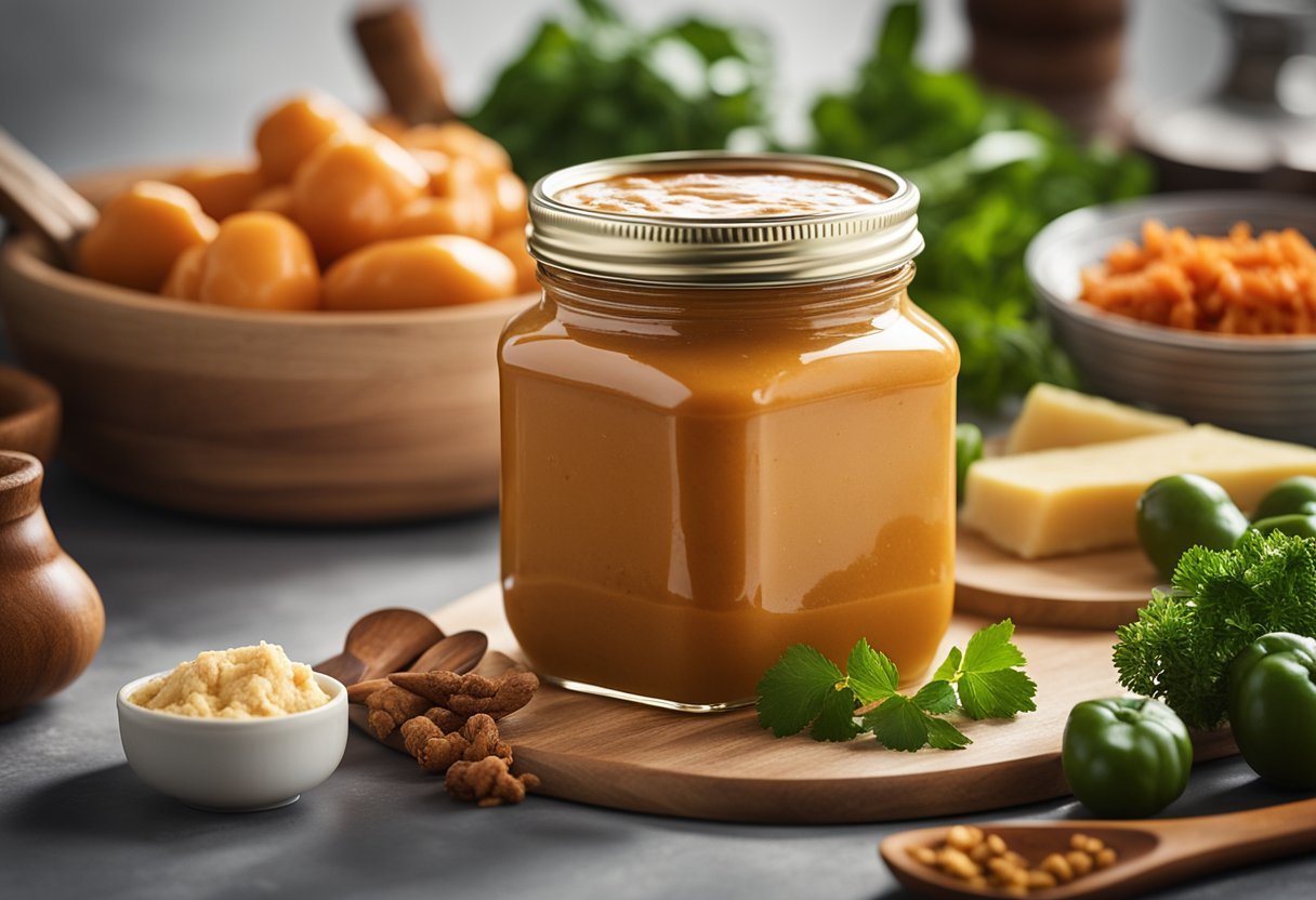 A jar of Ashoka Butter Chicken Paste surrounded by fresh ingredients and cooking utensils on a kitchen counter