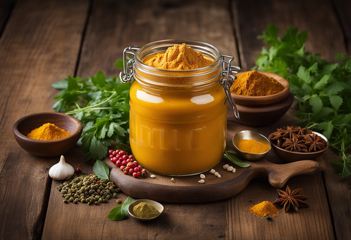 A jar of Ashoka Butter Chicken Paste surrounded by colorful Indian spices and herbs on a rustic wooden tabletop