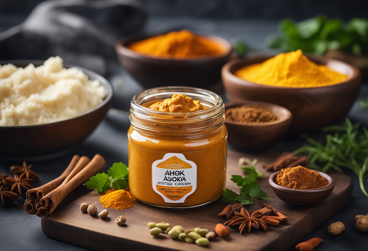 A jar of Ashoka Butter Chicken Paste surrounded by vibrant Indian spices and fresh ingredients on a kitchen countertop