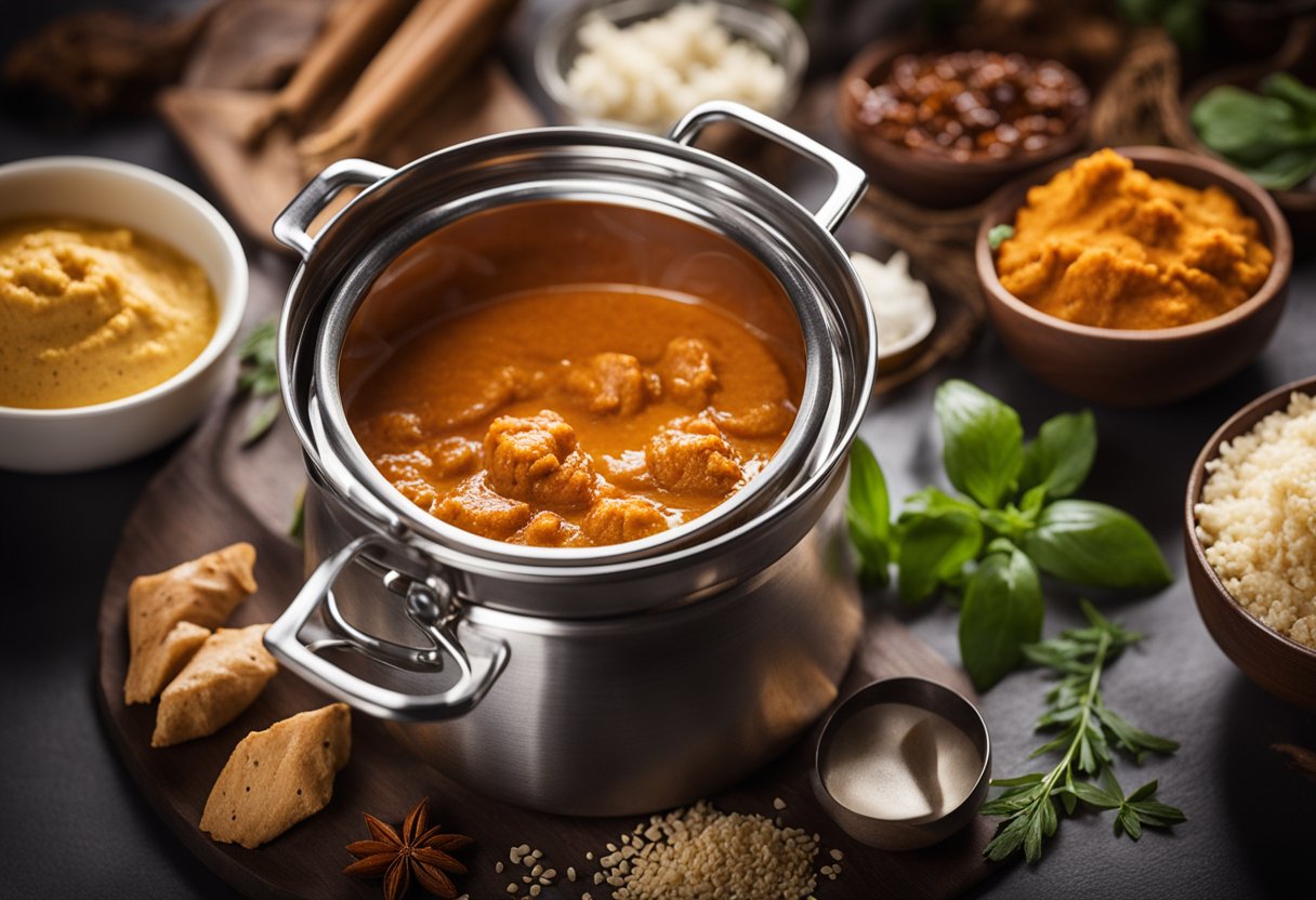 A simmering pot of Ashoka Butter Chicken Paste with various spices and ingredients surrounding it