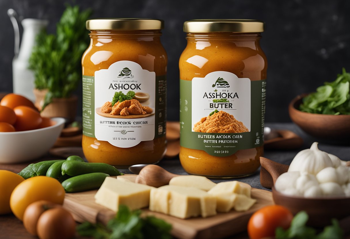 A jar of Ashoka Butter Chicken Paste surrounded by fresh ingredients and cooking utensils on a clean kitchen counter