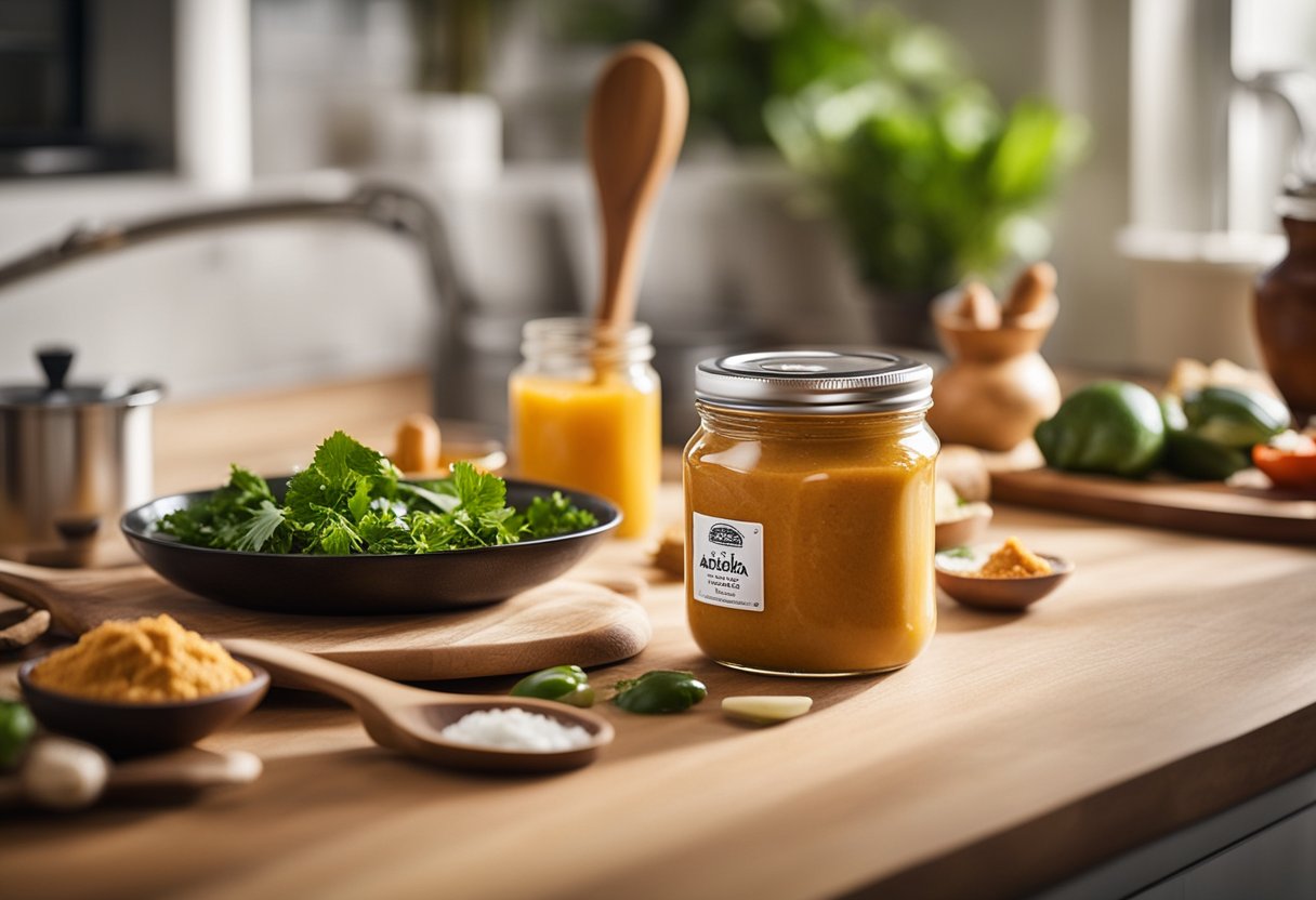 A jar of Ashoka Butter Chicken Paste surrounded by fresh ingredients and cooking utensils on a clean kitchen counter