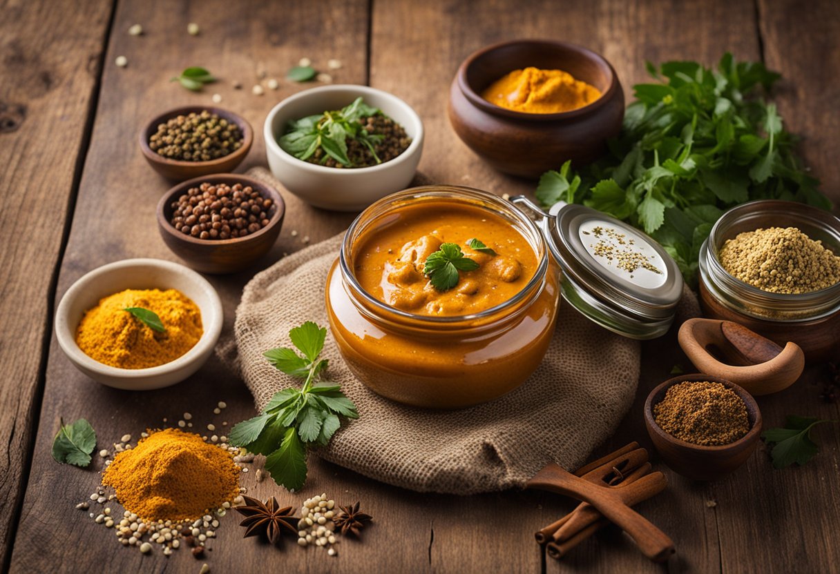 A jar of Ashoka Butter Chicken Paste surrounded by scattered spices and herbs on a rustic wooden tabletop