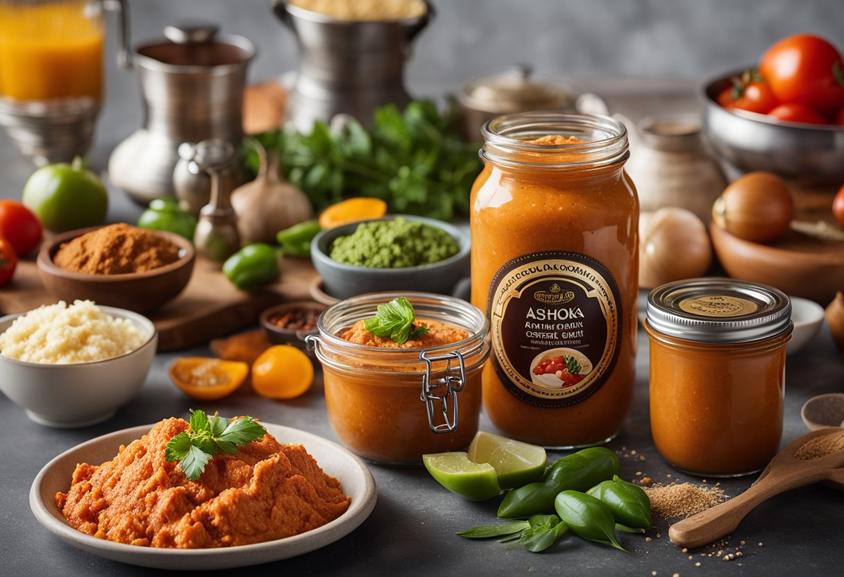 A jar of Ashoka Butter Chicken Paste surrounded by various ingredients like tomatoes, onions, and spices on a kitchen countertop