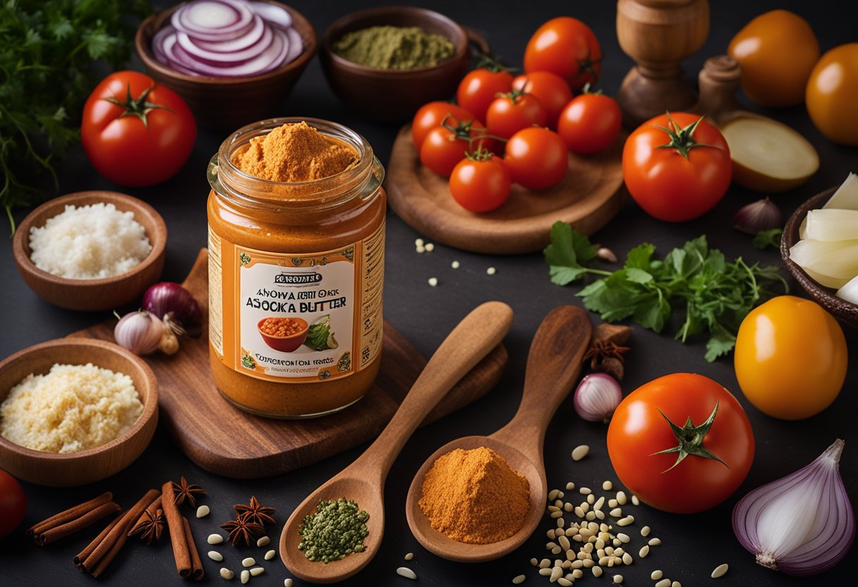 A jar of Ashoka Butter Chicken Paste surrounded by various ingredients like tomatoes, onions, and spices on a kitchen countertop