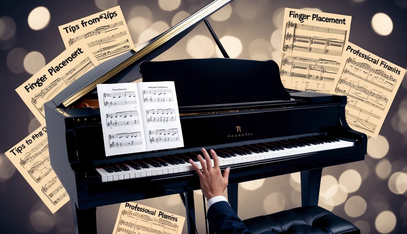 Een piano met bladmuziek open, die vingertips en handpositie toont, omringd door tips van professionele pianisten