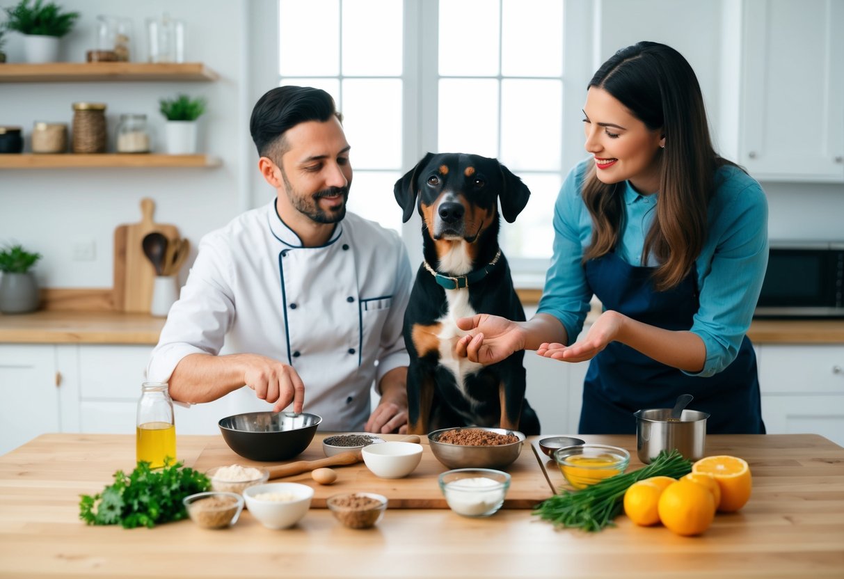 Eine Person und ein Hund sitzen an einem Tisch mit verschiedenen Zutaten und Kochutensilien und bereiten selbstgemachtes Hundefutter zu, während sie Ratschläge von einem Fachmann erhalten.