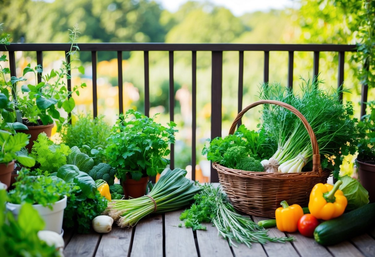 Ein Garten und Balkon, gefüllt mit verschiedenen Pflanzen und Gemüse, mit einem Korb frisch gepflückter Kräuter und Grünzeug für selbstgemachtes Kaninchenfutter.