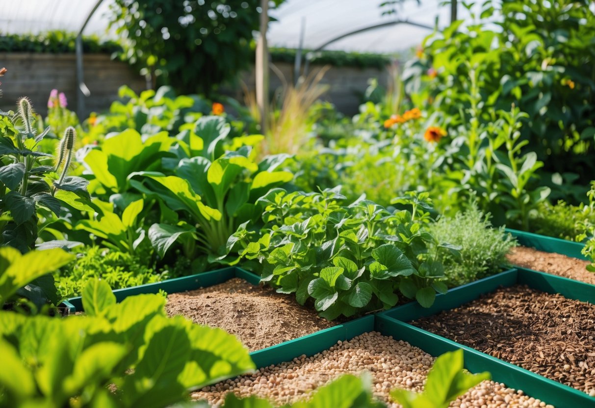 Ein üppiger Garten mit verschiedenen Pflanzen und Insekten, mit einem Bereich, der der Herstellung von Hühnerfutter gewidmet ist.