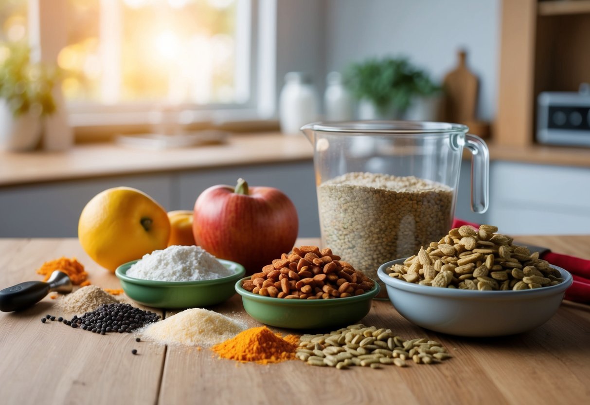 Ein Tisch mit verschiedenen Zutaten und Werkzeugen zur Herstellung von selbstgemachtem Trockenrattenfutter und Pellets