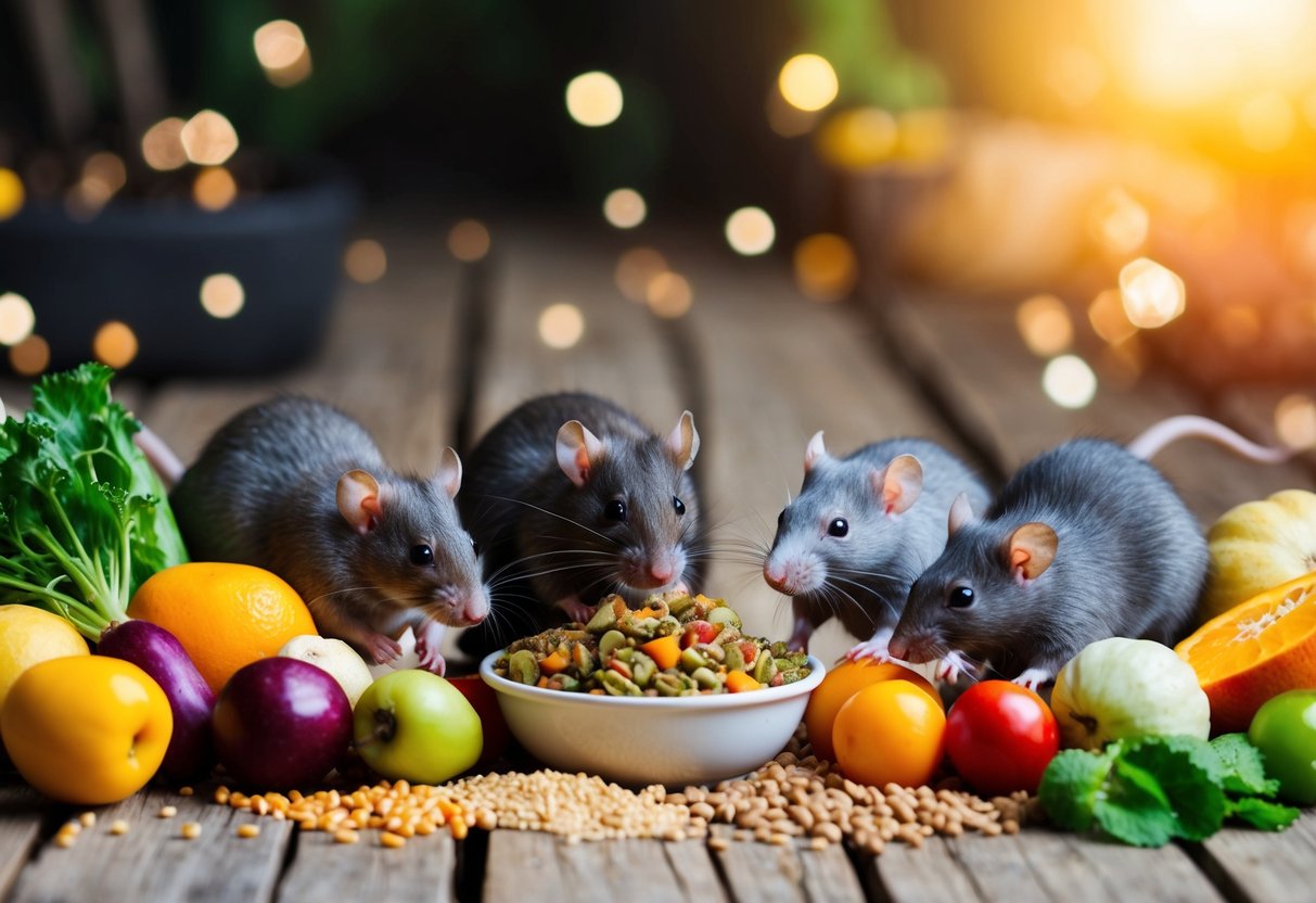 Eine Gruppe von Ratten versammelte sich um eine Vielzahl von frischen Früchten, Gemüse und Getreide, mit einer Schüssel hausgemachtem Rattenfutter in der Mitte.