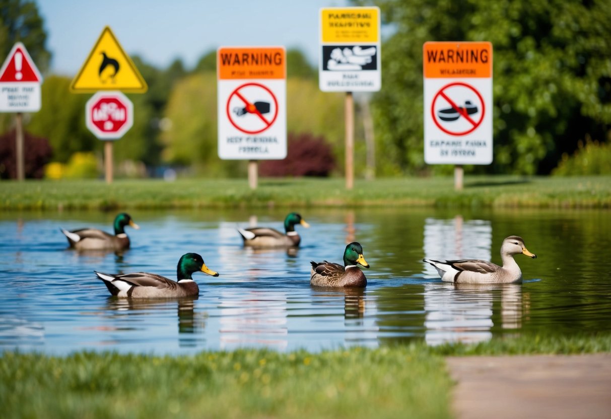 Ein ruhiger Teich mit Enten, die schwimmen und fressen, umgeben von Warnschildern und Symbolen schädlicher Lebensmittel