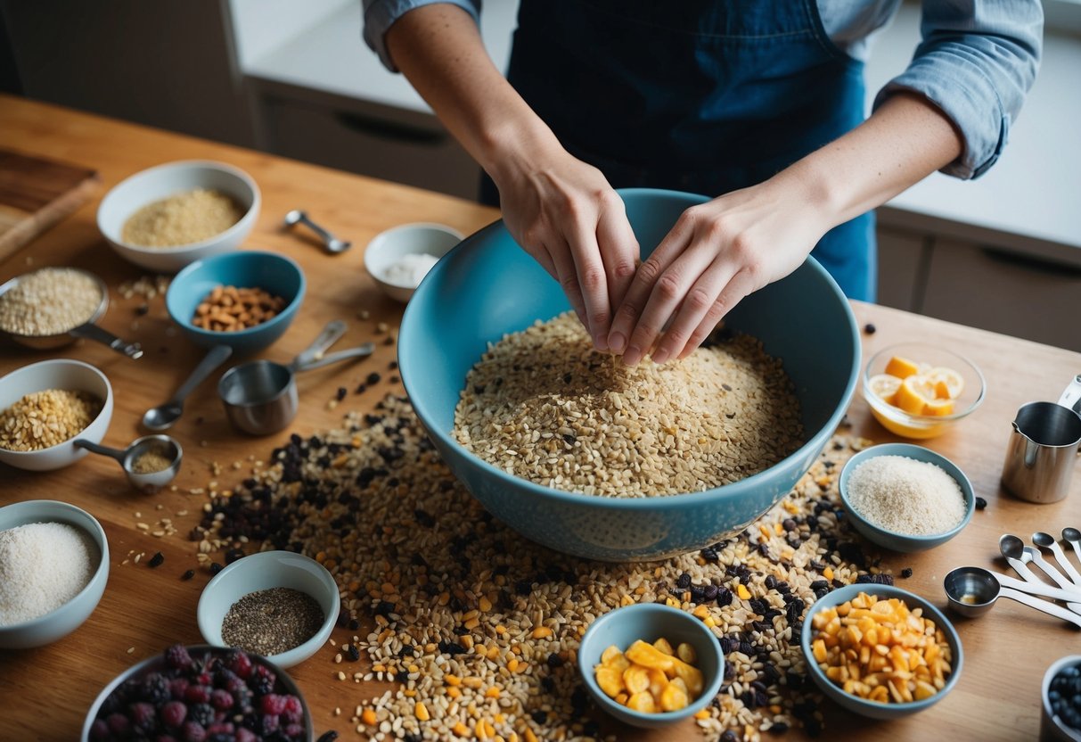 Ein Tisch, der mit verschiedenen Samen, Körnern und Trockenfrüchten bedeckt ist, mit kleinen Schalen und Messwerkzeugen in der Nähe. Ein Paar Hände, die die Zutaten in einer großen Schüssel vermischen.