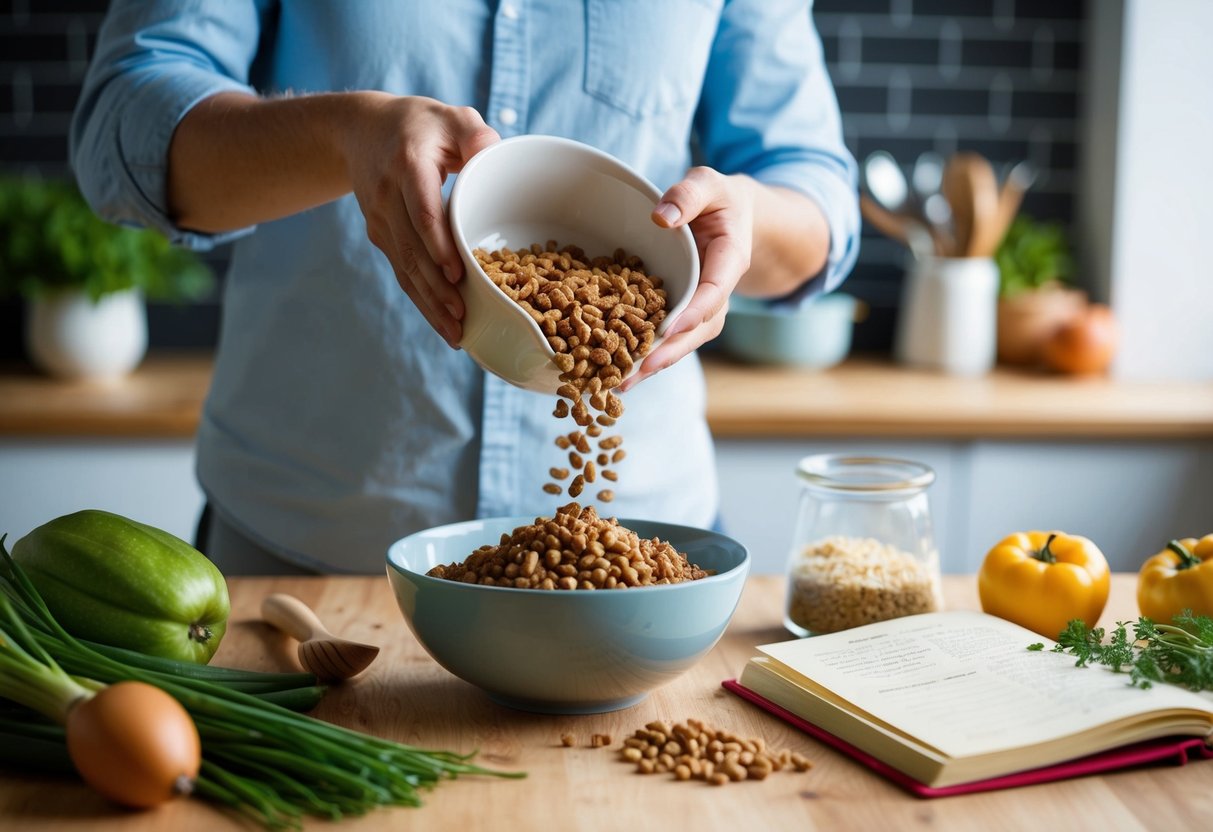 Eine Hand, die selbstgemachtes Mäusefutter in eine Schüssel gießt, umgeben von frischen Zutaten und einem Rezeptbuch