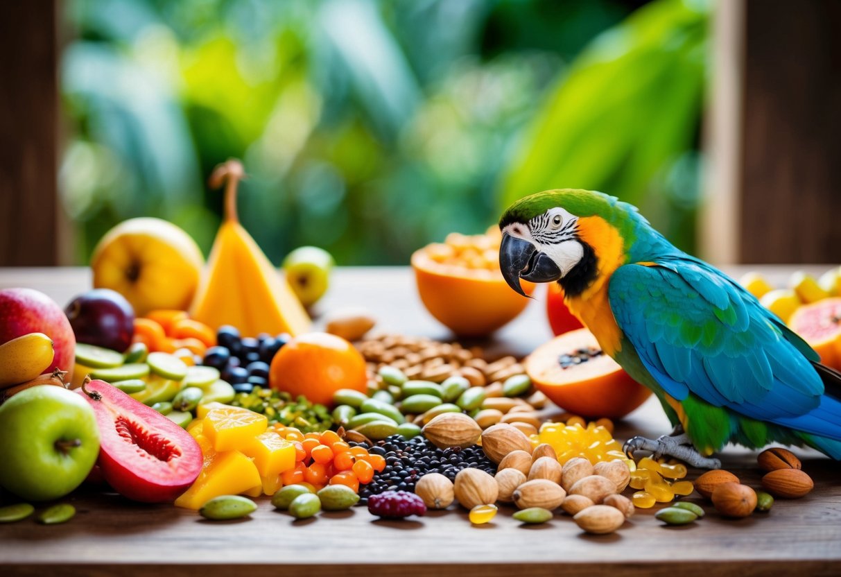 Eine bunte Auswahl an Früchten, Samen und Nüssen breitet sich auf einem Holztisch aus, während ein schelmischer Papagei das verbotene und gefährliche selbstgemachte Vogelfutter im Auge behält.