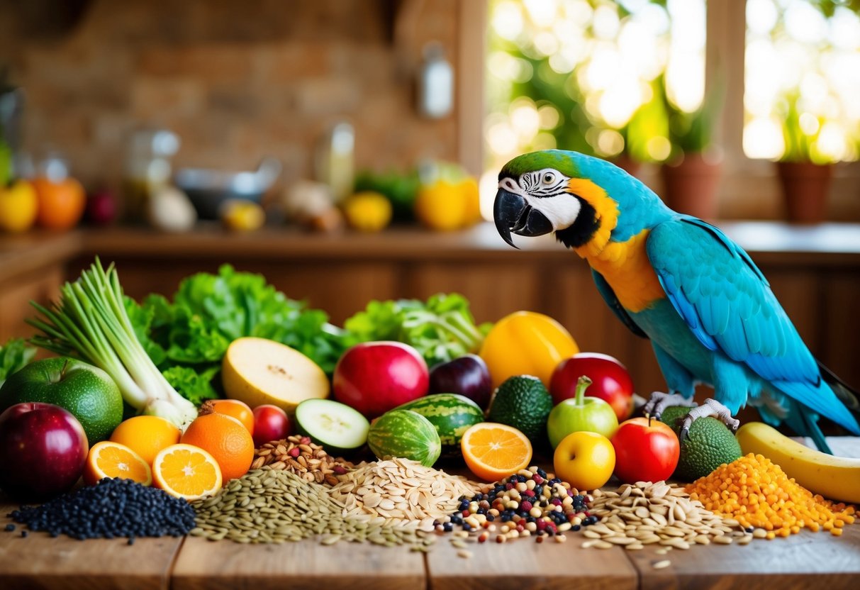 Eine bunte Auswahl an frischen Früchten, Gemüse und Samen liegt auf einem Holztisch, während ein Papagei in der Nähe sitzt und gespannt das Sortiment an selbstgemachtem Vogelfutter betrachtet.