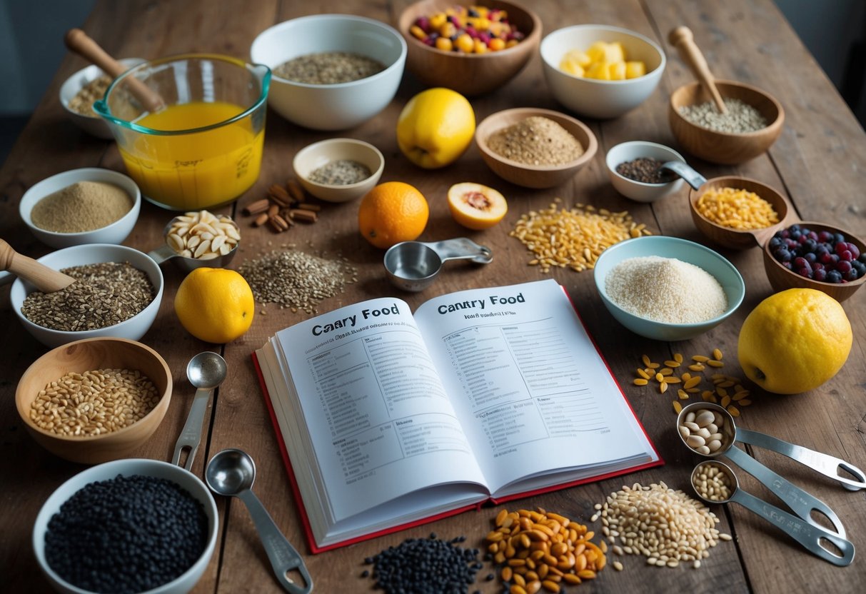 Ein Tisch mit verschiedenen Samen, Körnern und Früchten, dazu Rührschüsseln, Messlöffel und ein aufgeschlagenes Rezeptbuch auf einer Seite über Kanarienvogelfutter.