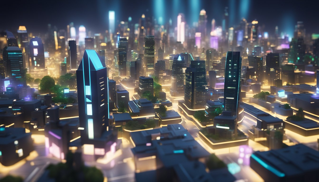 A futuristic cityscape with holographic Roblox game elements integrated into the environment, showcasing advanced technology and immersive gaming experiences