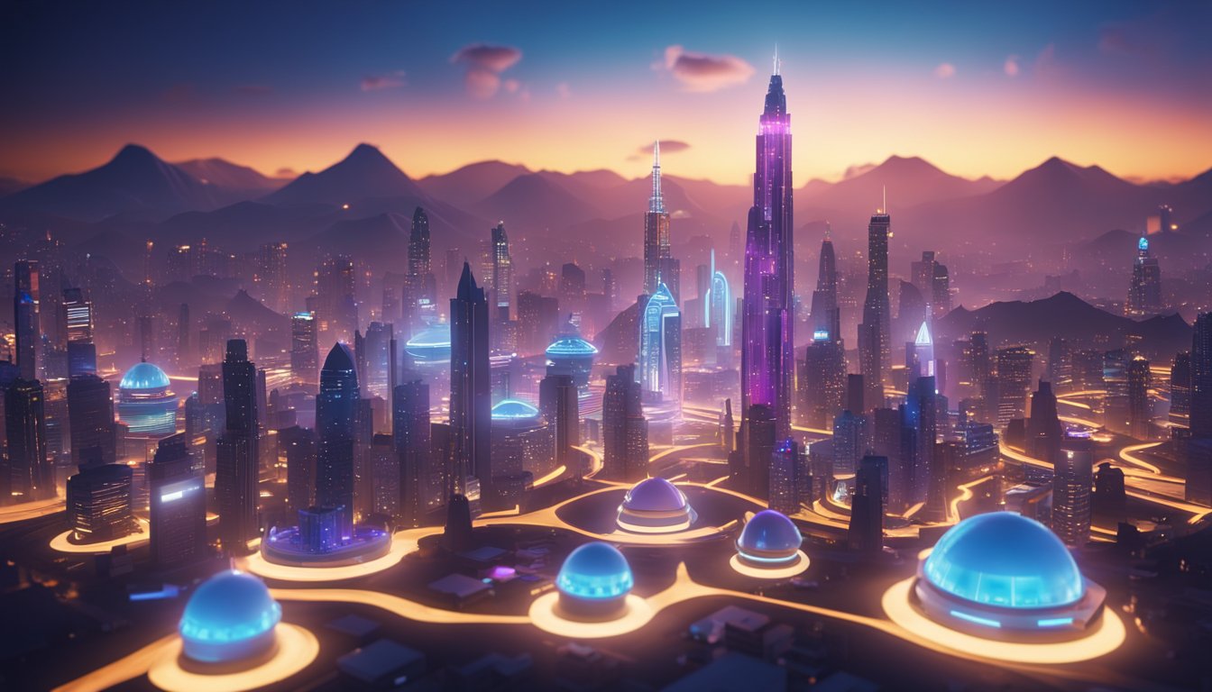 A futuristic cityscape with neon-lit buildings, hovercars, and advanced technology, showcasing the immersive world of Roblox in 2024