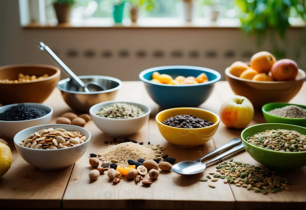 Ein Tisch mit verschiedenen Samen, Nüssen und Früchten, zusammen mit Schalen und Utensilien zum Mischen und Zubereiten von selbstgemischem Kanarienvogel-Futter