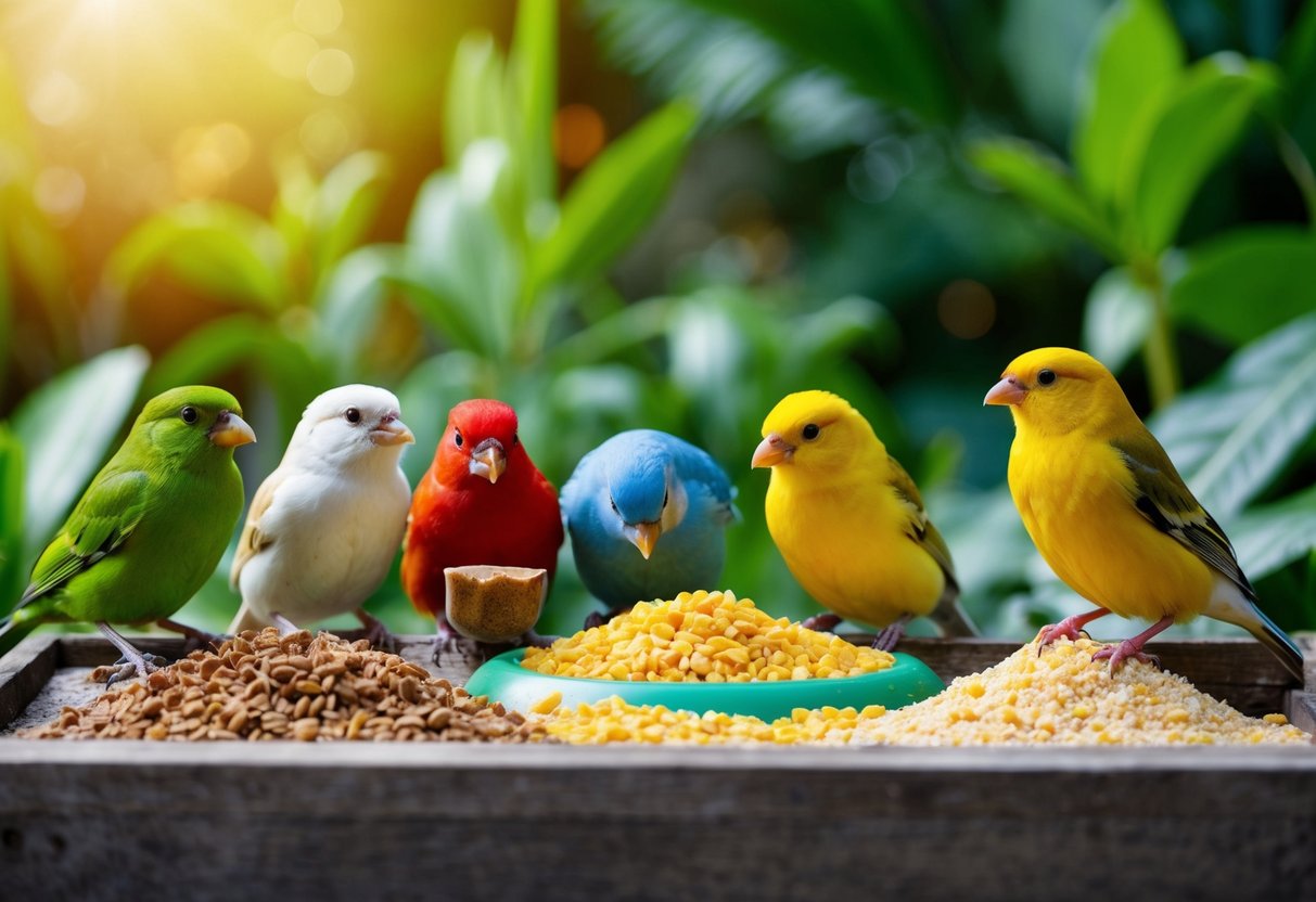 Eine Vielzahl bunter Vögel, die selbstgemachtes Kanarienvogel-Futter in einer üppigen, vielfältigen Umgebung fressen.