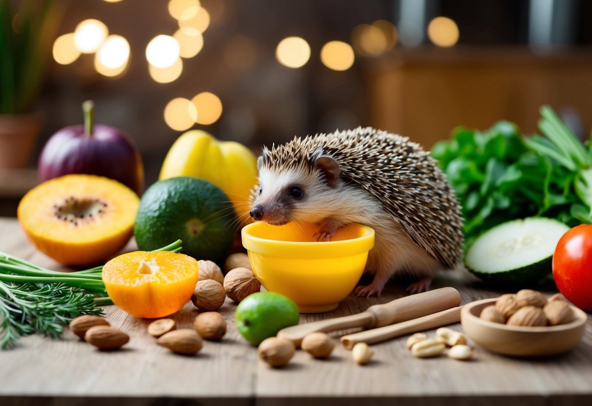 Ein Tisch mit verschiedenen Zutaten und Werkzeugen zur Herstellung von Igelnahrung, einschließlich Früchten, Gemüse, Nüssen und einer Rührschüssel