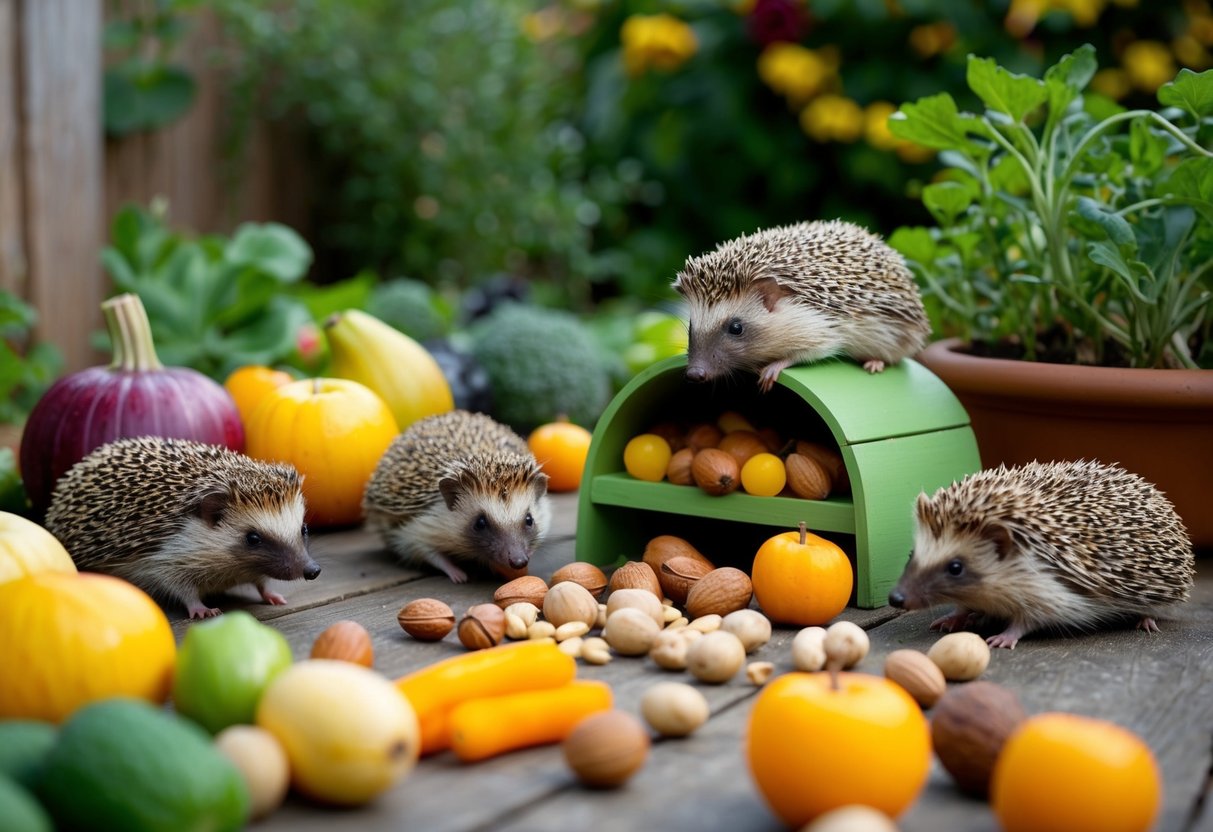 Eine gemütliche Gartenszene mit einer Vielzahl von saisonalen Früchten, Gemüse und Nüssen, die um eine handgefertigte Futterstation für Igel verstreut sind.