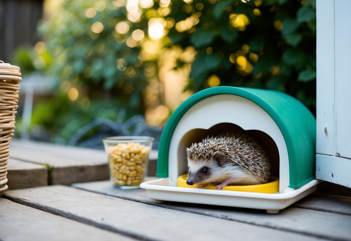 Ein gemütlicher Außenbereich mit einer selbstgemachten Igel-Futterstation und einer sauberen, gut gepflegten Umgebung