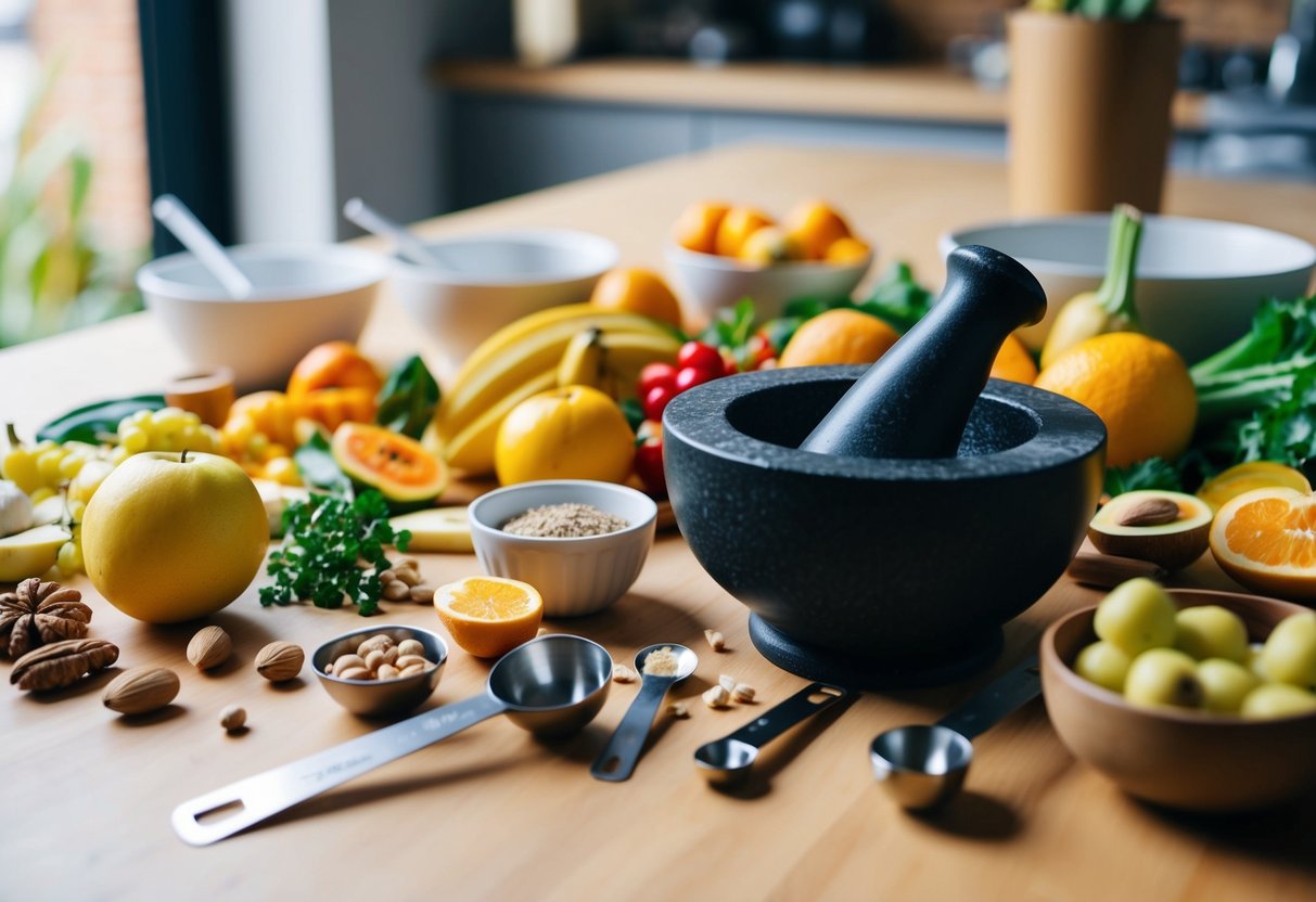 Ein Tisch mit verschiedenen Zutaten wie Obst, Gemüse und Nüssen, die verstreut sind. Ein Mörser und Stößel, Rührschüsseln und Messlöffel sind ebenfalls vorhanden.