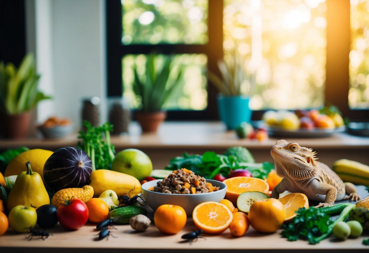 Ein Tisch voller verschiedener Früchte, Gemüse und Insekten, mit einer Schüssel hausgemachtem Futter für einen Bartagamen.