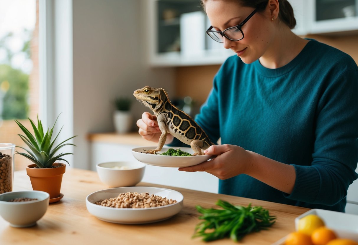 Eine Person bereitet auf sichere und geschützte Weise hausgemachtes Futter für eine Haustiergecko zu und serviert es.