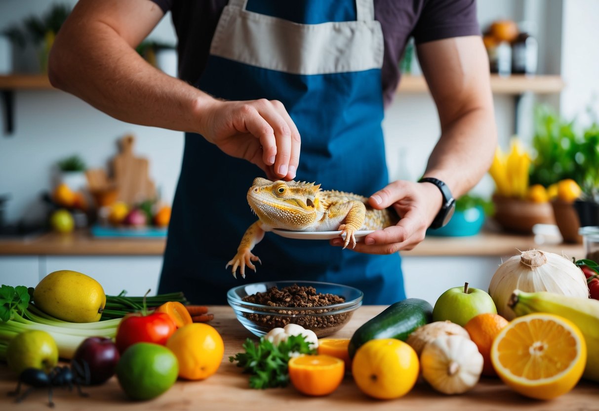 Eine Person bereitet hausgemachtes Futter für einen Bartagamen vor, umgeben von verschiedenen frischen Früchten, Gemüse und Insekten.