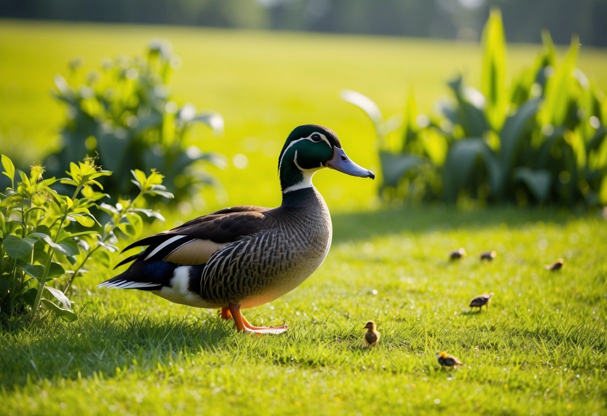 Eine Ente watschelt durch eine üppige, grüne Wiese, umgeben von einer Vielzahl von Pflanzen und Insekten. Die Sonne scheint über ihr und wirft ein warmes Licht auf die Szene.