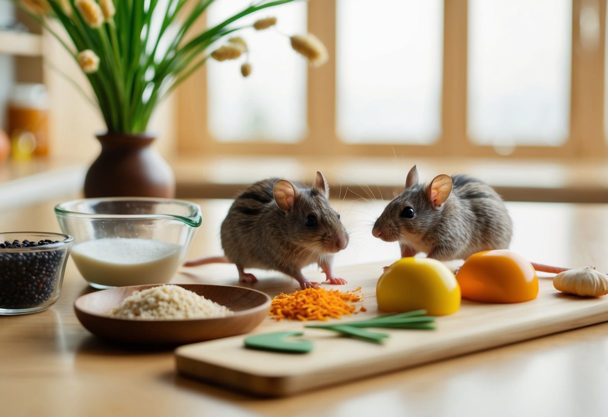 Ein kleiner Tisch mit verschiedenen Zutaten und Werkzeugen zur Herstellung von hausgemachtem Futter für gestreifte Wiesenmäuse