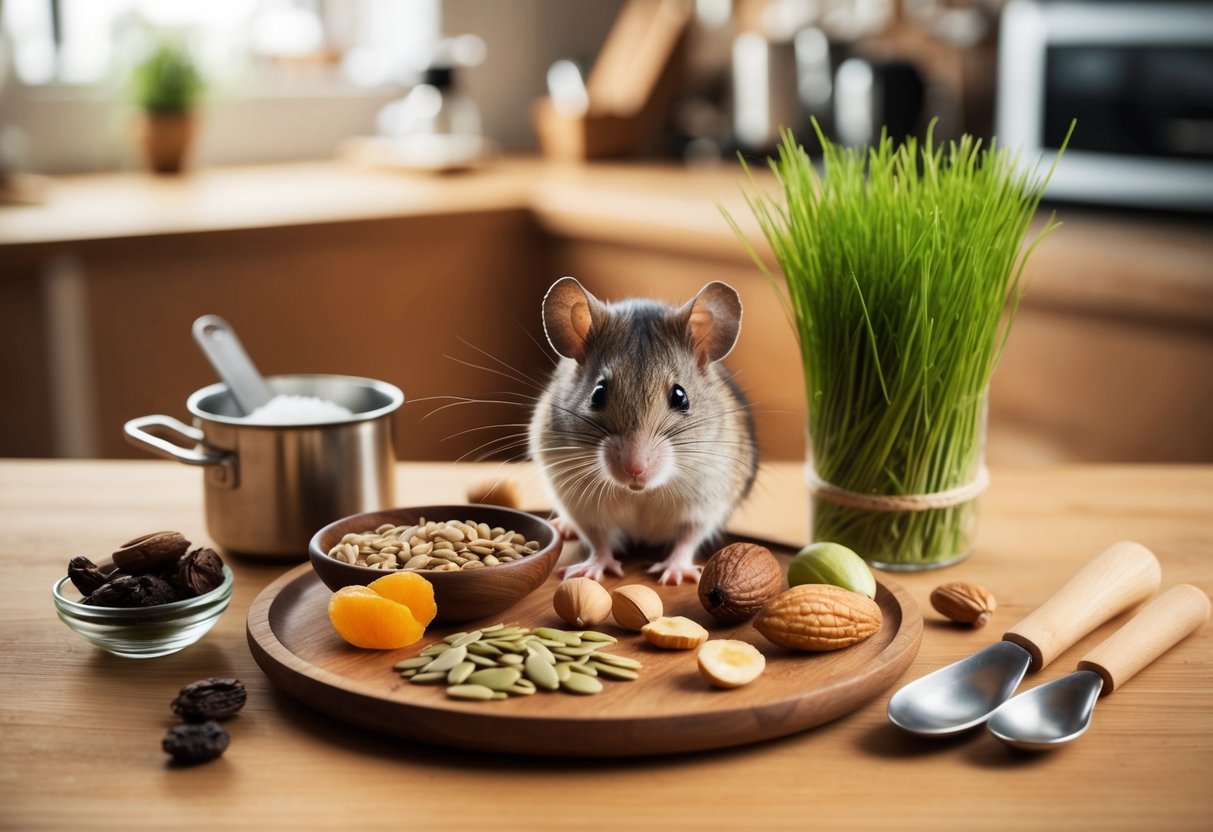 Ein kleiner Holztisch mit verschiedenen Zutaten und Utensilien zur Herstellung von selbstgemachtem Futter für gestreifte Wiesenmäuse, einschließlich Samen, Nüssen und Trockenfrüchten, vor dem Hintergrund einer gemütlichen Küche.