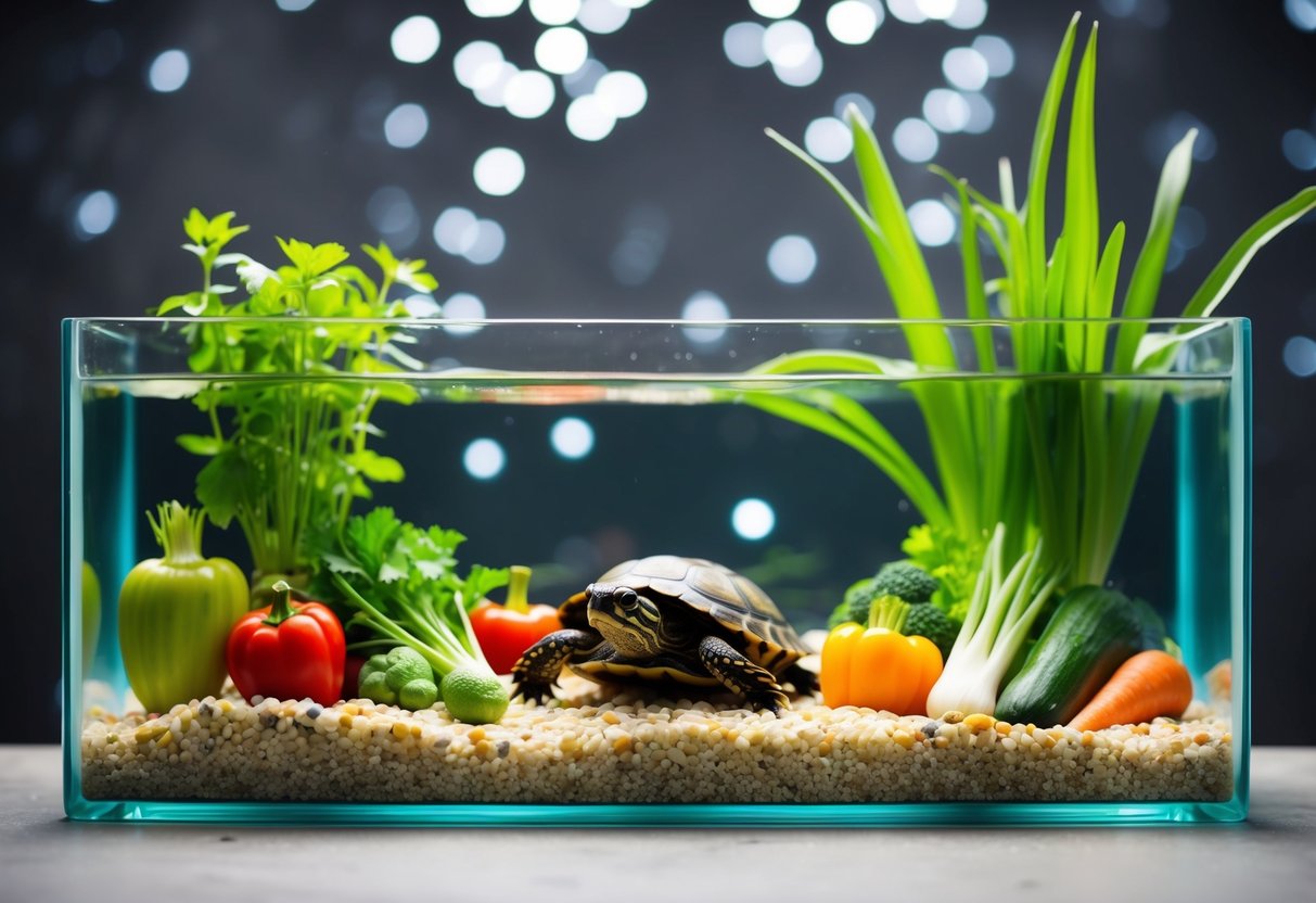 Eine Vielzahl frischer Gemüse und Wasserpflanzen, die in einem flachen Wassertank angeordnet sind, mit einer zufriedenen Schildkröte, die zwischen ihnen schwimmt.