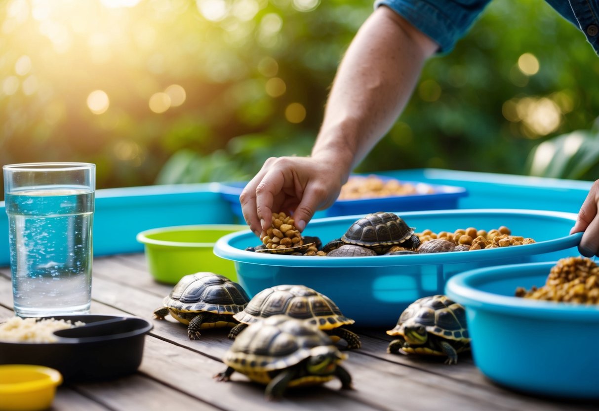 Eine Person bereitet selbstgemachtes Futter für Schildkröten vor, verwendet verschiedene Fütterungstechniken und bietet regelmäßig Wasser an.