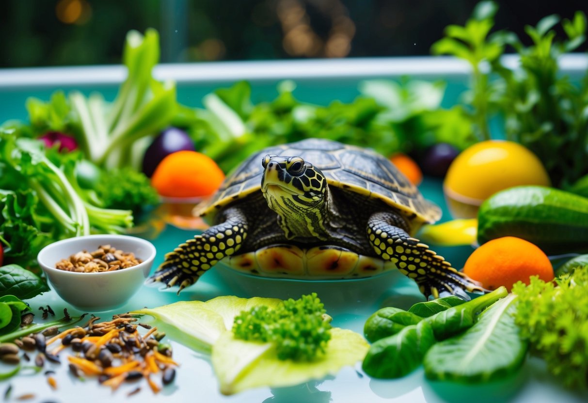 Eine Schildkröte schwimmt in klarem Wasser, umgeben von einer Vielzahl frischer grüner Pflanzen, Gemüse und Insekten, mit einer kleinen Schale mit selbstgemachtem Schildkrötenfutter in der Nähe.