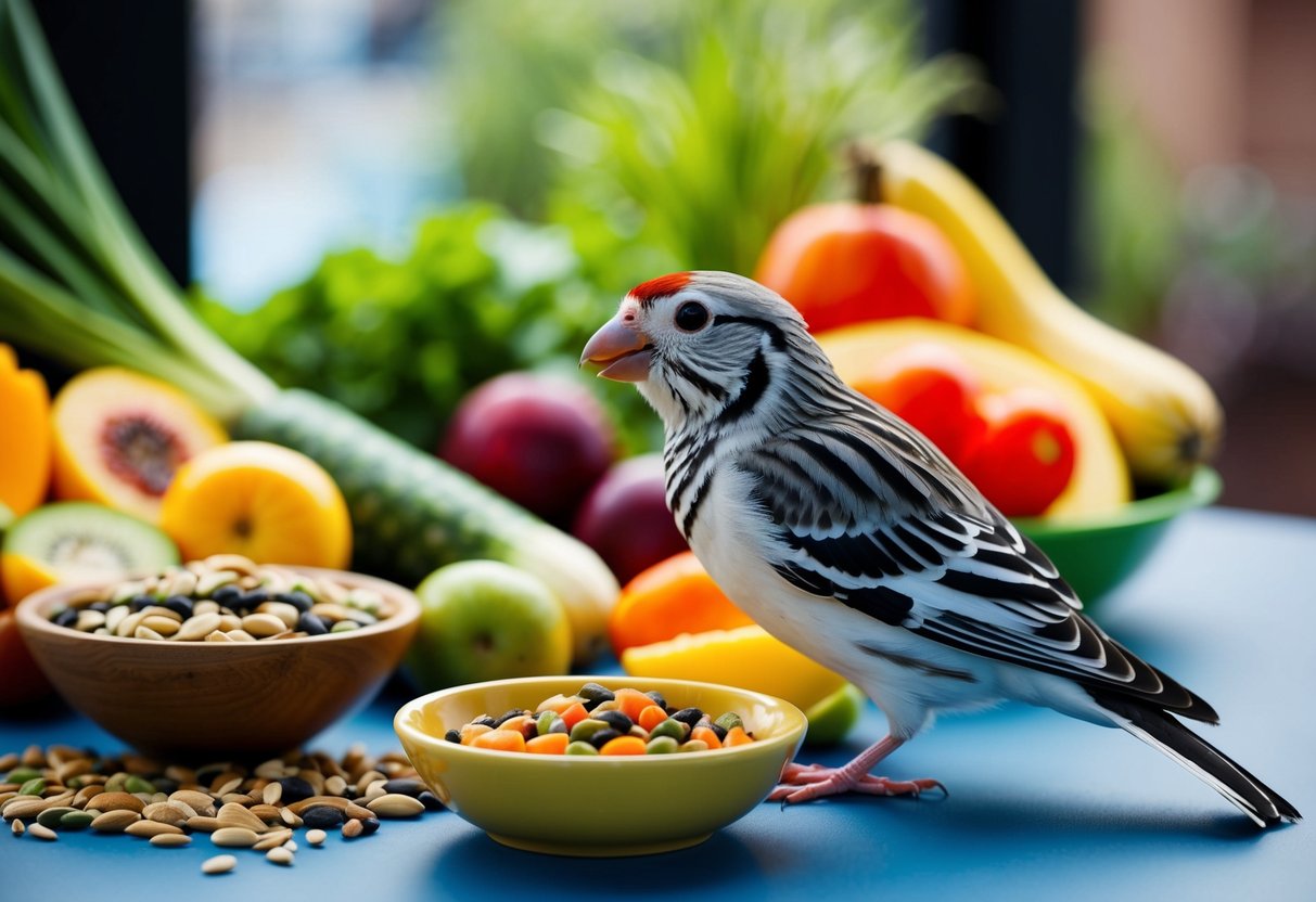 Ein Zebrafink saß in der Nähe einer Auswahl an frischen Früchten, Gemüse und Samen, mit einer kleinen Schüssel mit selbstgemachtem Vogelfutter im Vordergrund.