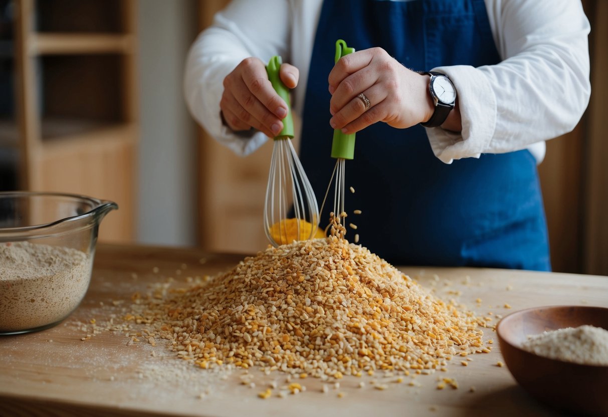 Eine Person, die Zutaten mischt, um Alpaka-Futter herzustellen