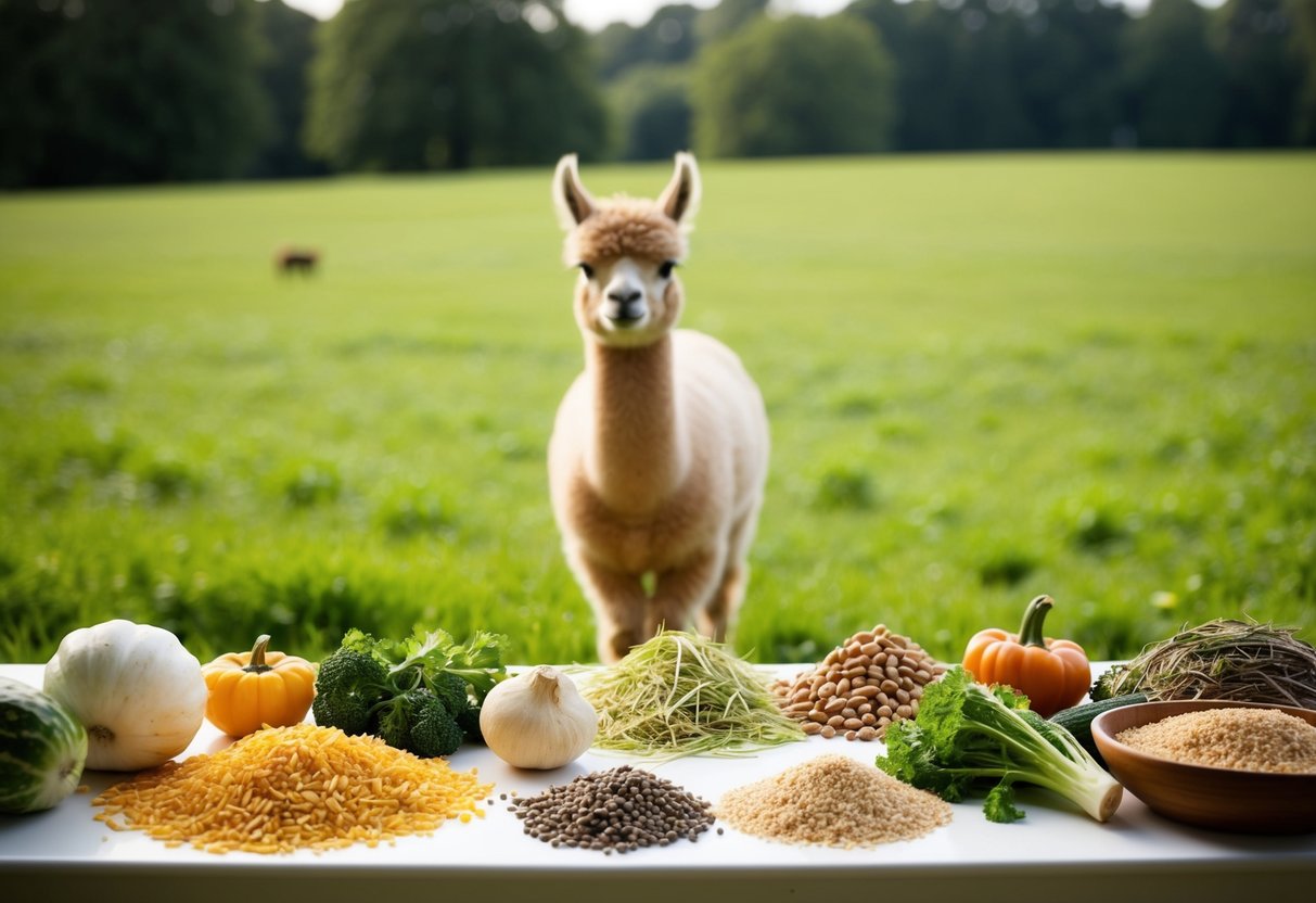 Eine Vielzahl von Futtermitteln liegt auf einem Tisch verteilt, darunter Heu, Getreide und Gemüse. Ein kleines Alpaka weidet auf einem üppigen Feld.