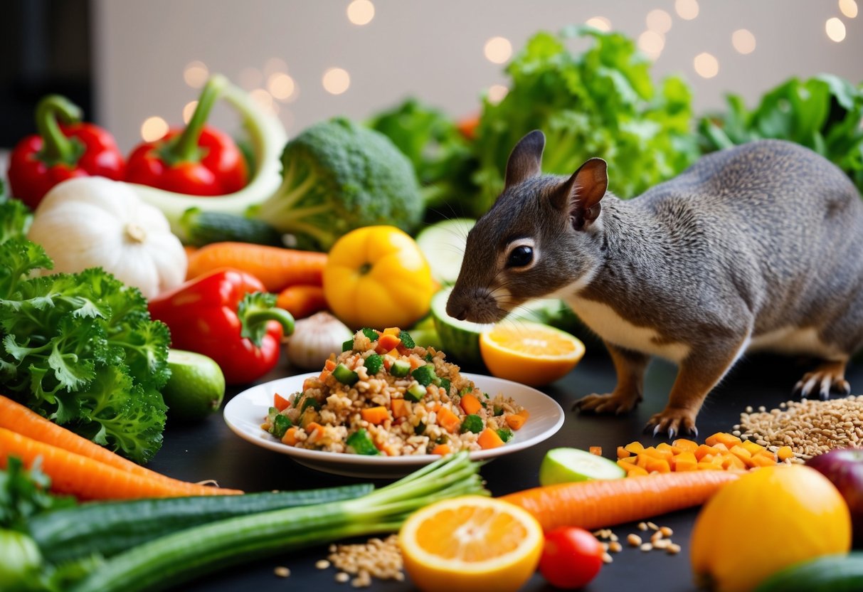 Eine Vielzahl von frischem Gemüse, Obst und Getreide liegt auf einem Tisch, während ein Degu an einer selbstgemachten Degu-Futtermischung knabbert.